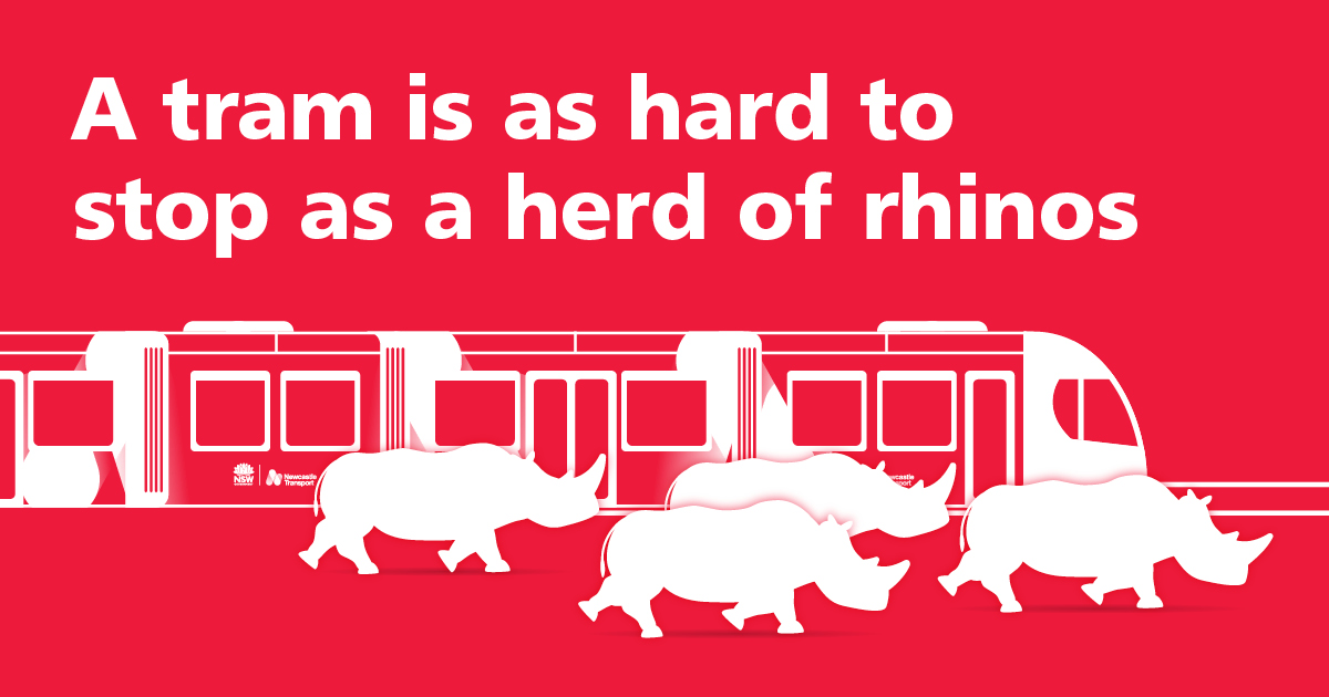 A tram is an hard to stop as a herd of rhinos